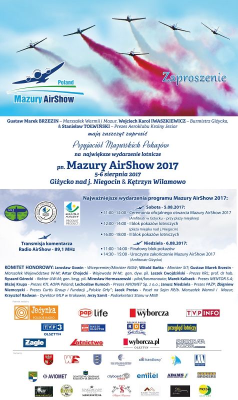 Na początku sierpnia zapraszamy Państwa na dwa połączone wydarzenia: Mazury AirShow 2017 i XIX Międzynarodowy Zlot Przyjaciół Lotnictwa i Mazur